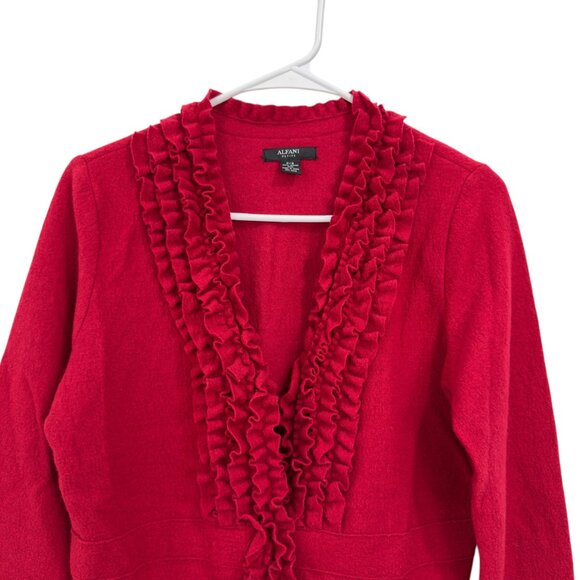 Alfani Petite Womens Red Ruffle Front Cardigan Sweater 100% Merino Wool Size P/S - Picture 9 of 11